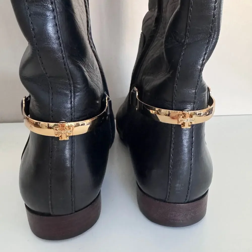 Tory Burch Tall Black Leather Riding Boots Horsebit Heel Logo Hardware Size 5